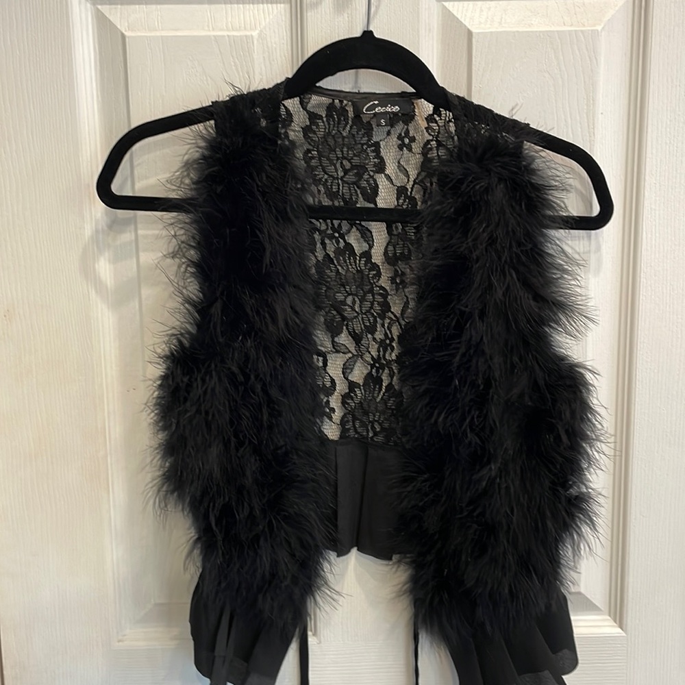 Black feather and lace vest. Size Small